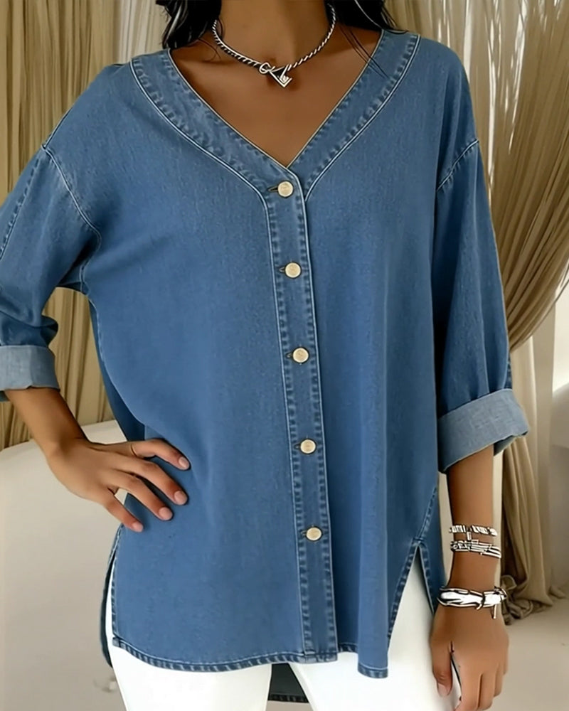 Button-Down V-Neck Denim Long-Sleeved Shirt