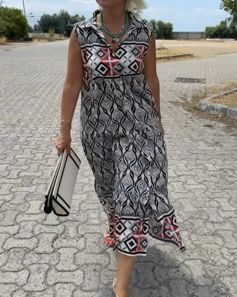 Sleeveless Lapel Printed Dress