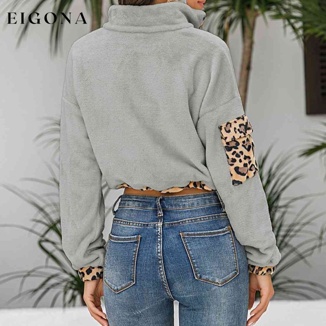 Leopard Half Zip Drawstring Cropped Sweatshirt clothes L@X@G Ship From Overseas