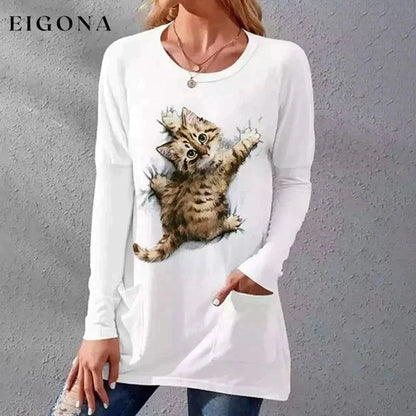 Cat Print Casual T-Shirt White best Best Sellings clothes Plus Size tops Topseller
