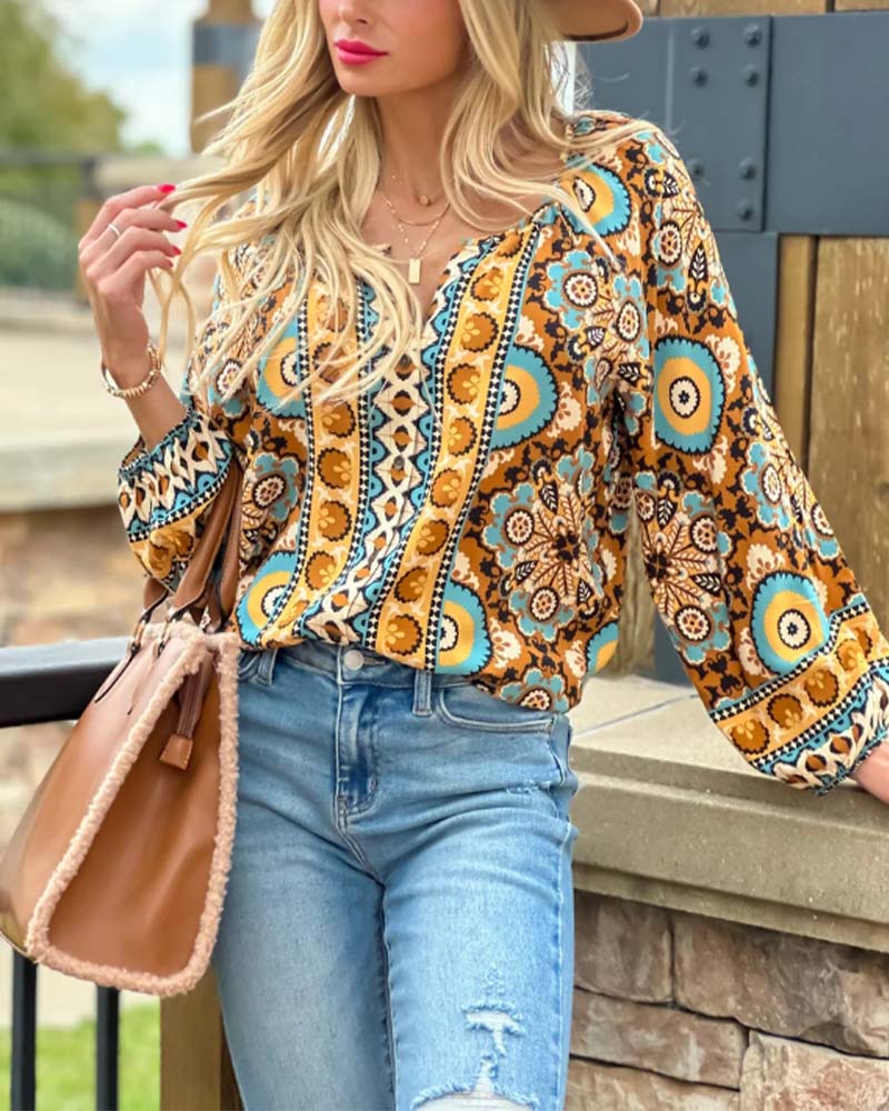 Retro printed lantern sleeve blouse 2024 f/w blouses & shirts spring