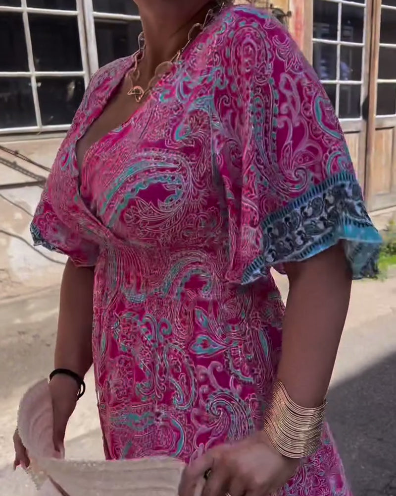 V-Neck Printed Waist Dress