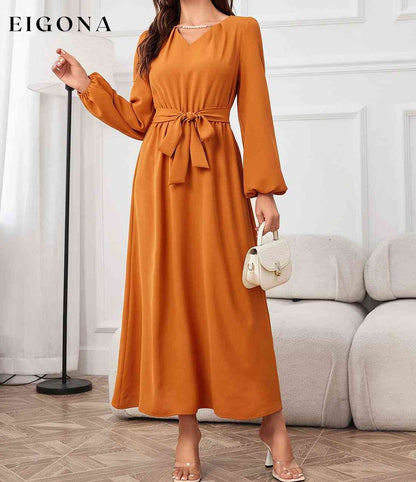 Tie Waist Puff Sleeve Maxi Dress clothes Ship From Overseas Shipping Delay 09/29/2023 - 10/03/2023 Z@Q