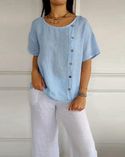 Round Neck Short Sleeve Wooden Button Blouse