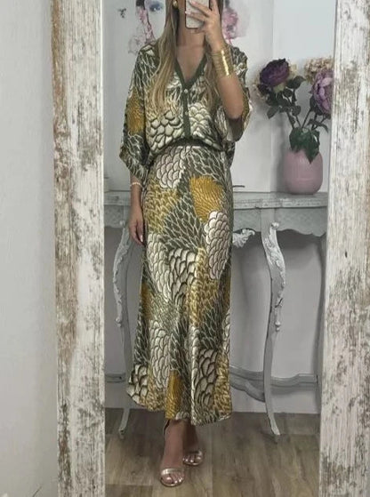 Elegant V-Neck Two-Piece Dress Multi-Yellow casual dress casual dresses dress DRESSES maxi dress two TWO PIECES SETS TWO-PIECES