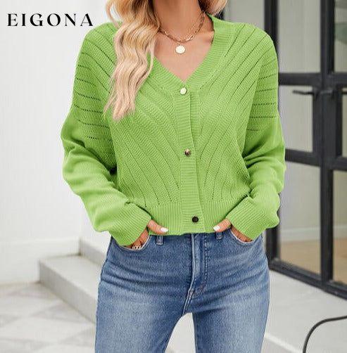 Eyelet Button Front Long Sleeve Sweater Cardigan Lime cardigan cardigans clothes Ship From Overseas Sweater sweaters X.X.W