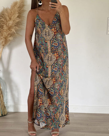 V-Neck Suspender Print Dress