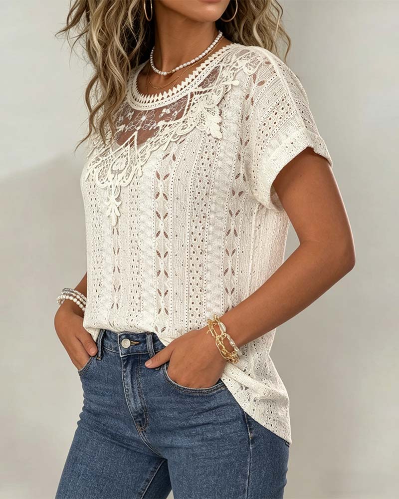 Hollow-Out Lace Solid Color Short-Sleeve T-Shirt