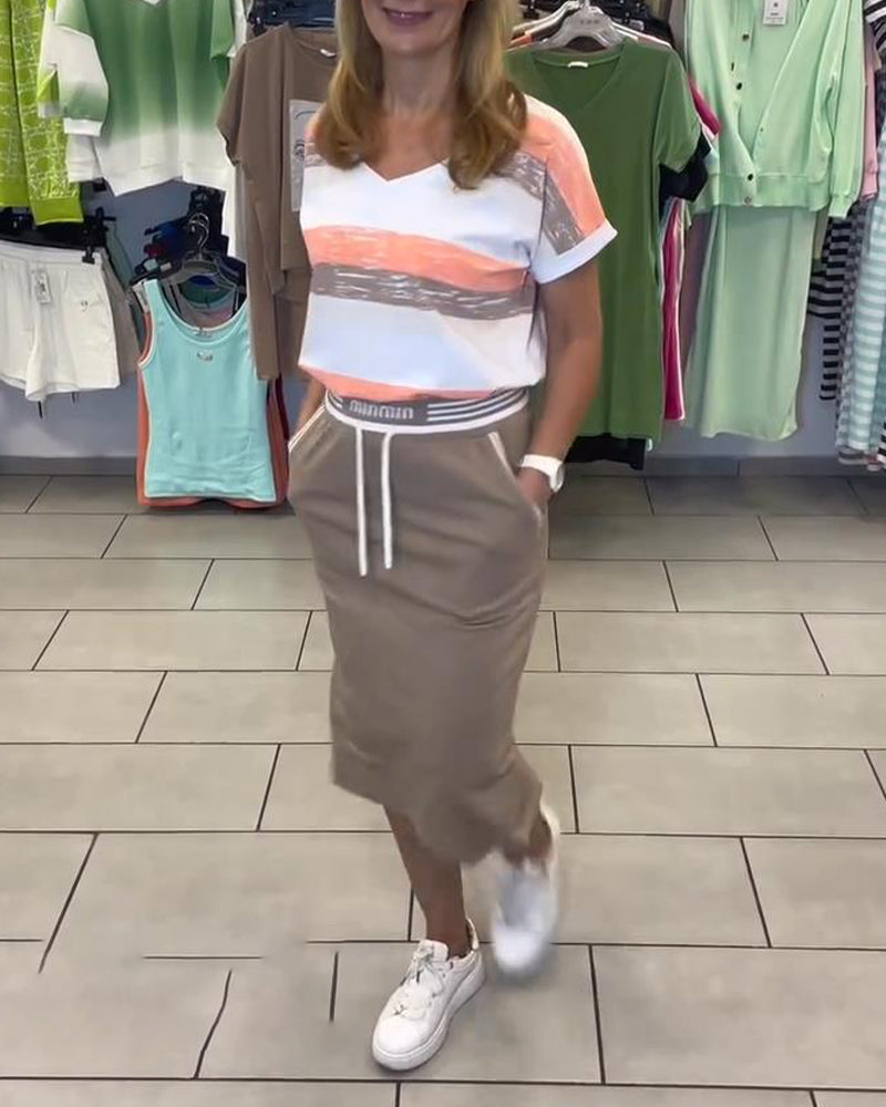 V-Neck Striped Sports Skirt Set