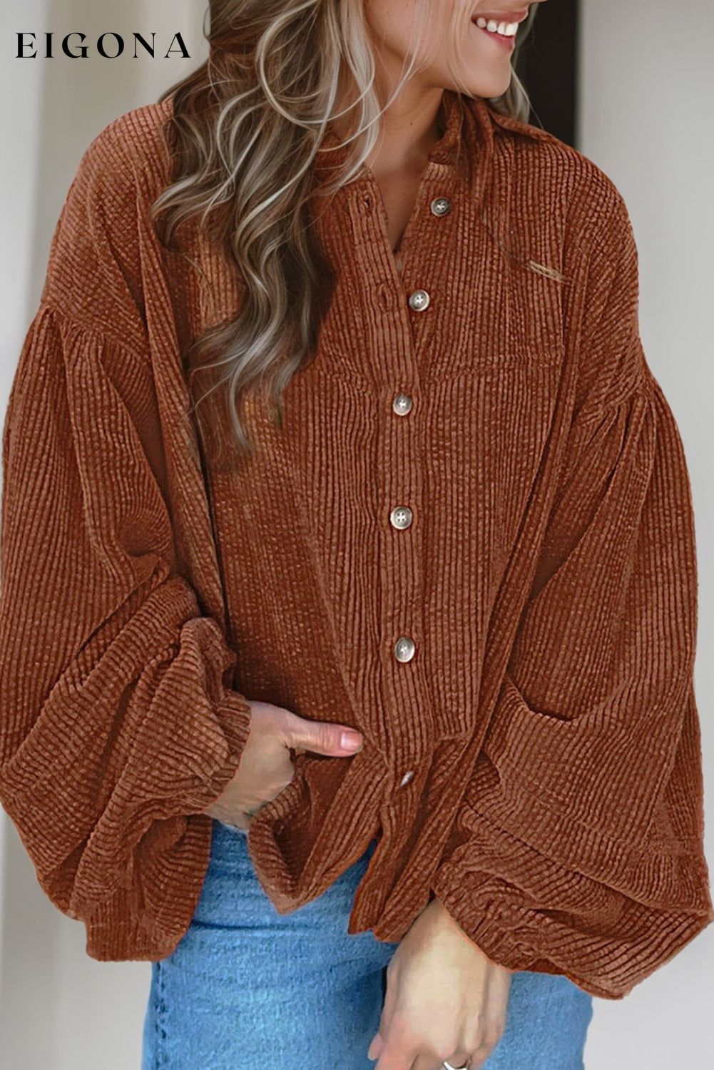 Coffee Textured Corduroy Puff Sleeve Shacket clothes Fabric Corduroy Hot picks Occasion Daily Print Solid Color Season Fall & Autumn Style Western