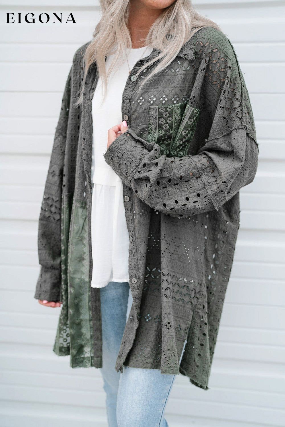 Duffel Green Eyelet Pattern Patchwork Oversized Button Up Shacket All In Stock clothes Craft Embroidery long sleeve shirt long sleeve shirts long sleeve top long sleeve tops Outerwear Print Solid Color Season Fall & Autumn shirt shirts Style Western top tops