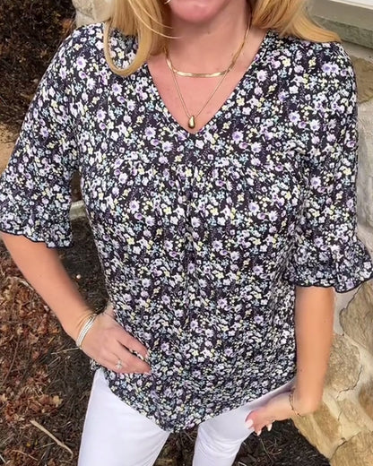 Halbärmelige Bluse mit V-Ausschnitt und Blumenmuster