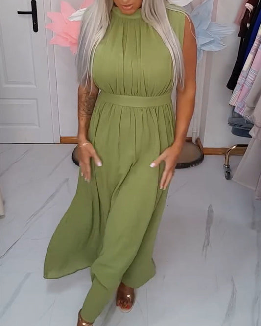 Solid-Color Sleeveless Waist-Cinching Maxi Dress