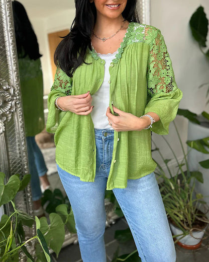 Loose Lace Floral Panel Blouse