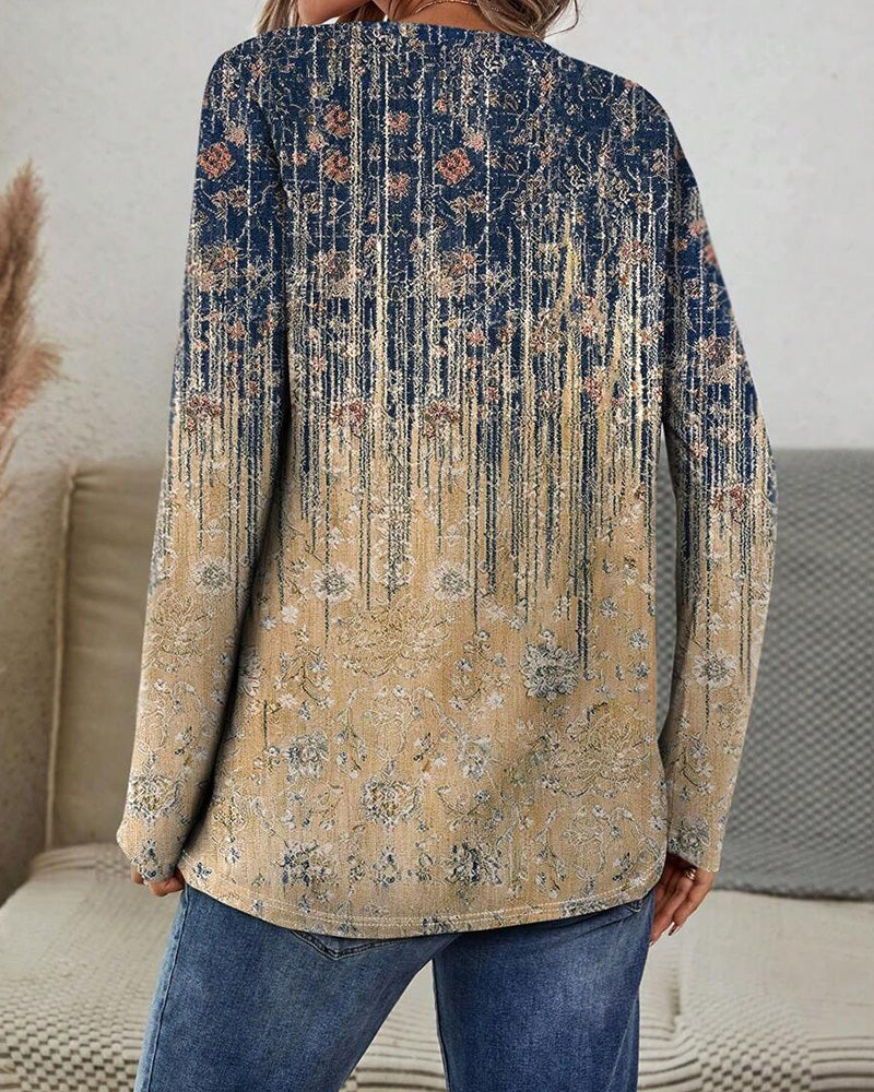 Retro Round Neck Printed Long-Sleeved Top
