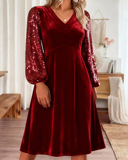 Casual V-Neck Solid Color Velvet Dress