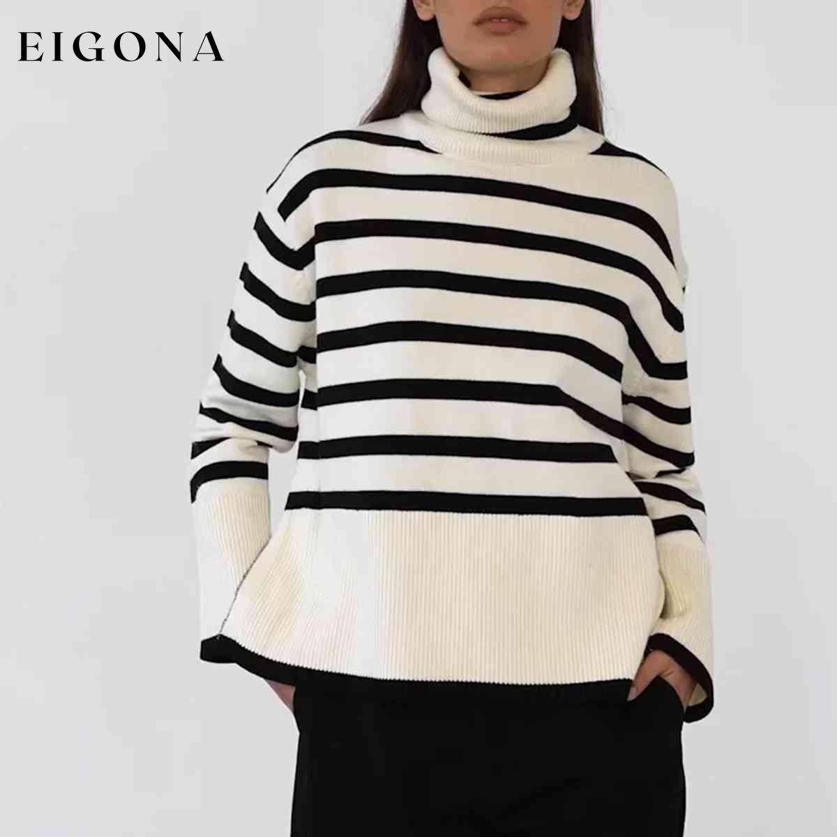 Striped Turtleneck Flare Sleeve Sweater White clothes S.X Ship From Overseas