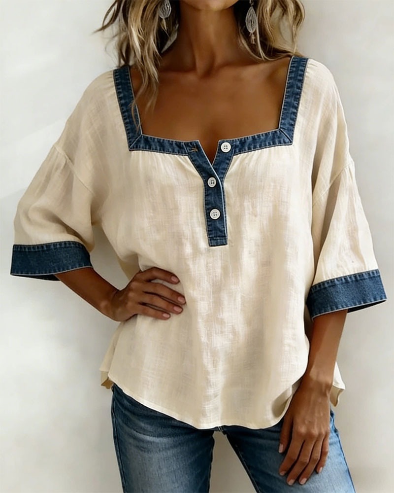 Denim-Paneled Cotton-Linen Top with Square Neckline