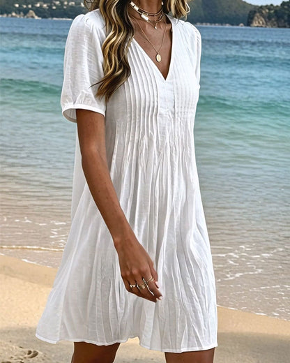 Cotton Puff Sleeve V-Neck Ruched Dress
