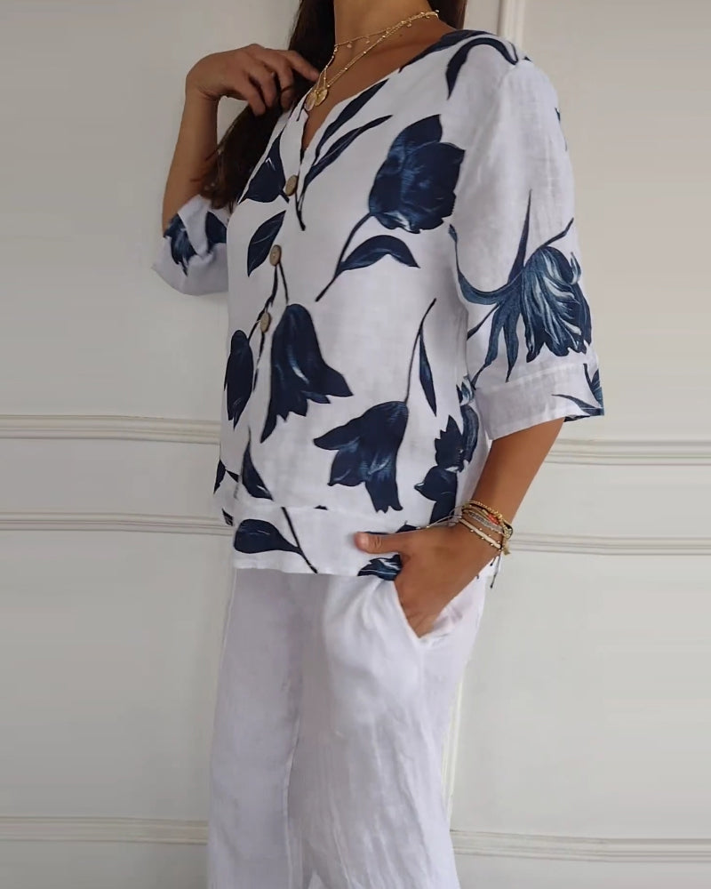 Button-Down-Oberteil aus Baumwolle und Leinen mit Blumendruck