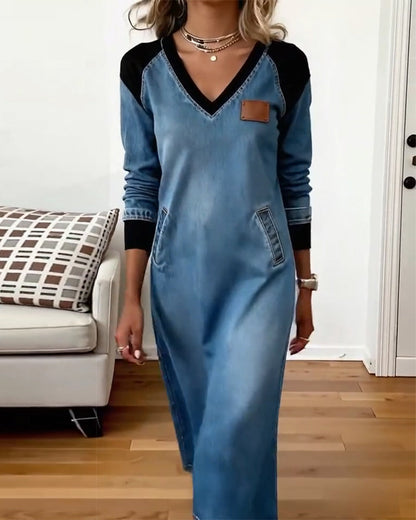V-Neck Stitching Long-Sleeved Dress