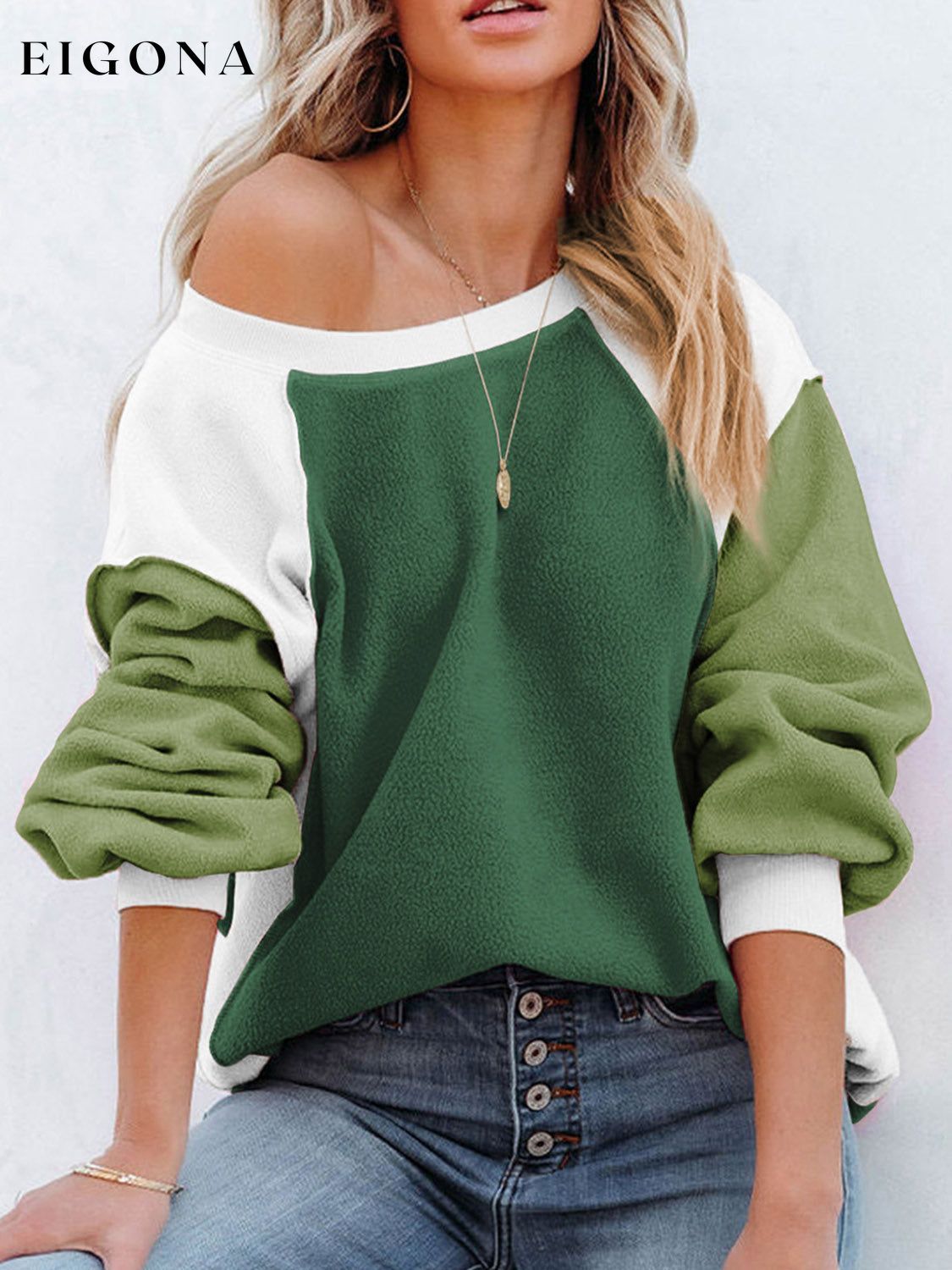 Color Block Exposed Seam Sweatshirt Mid Green A@X@E clothes Ship From Overseas Shipping Delay 09/29/2023 - 10/04/2023 trend