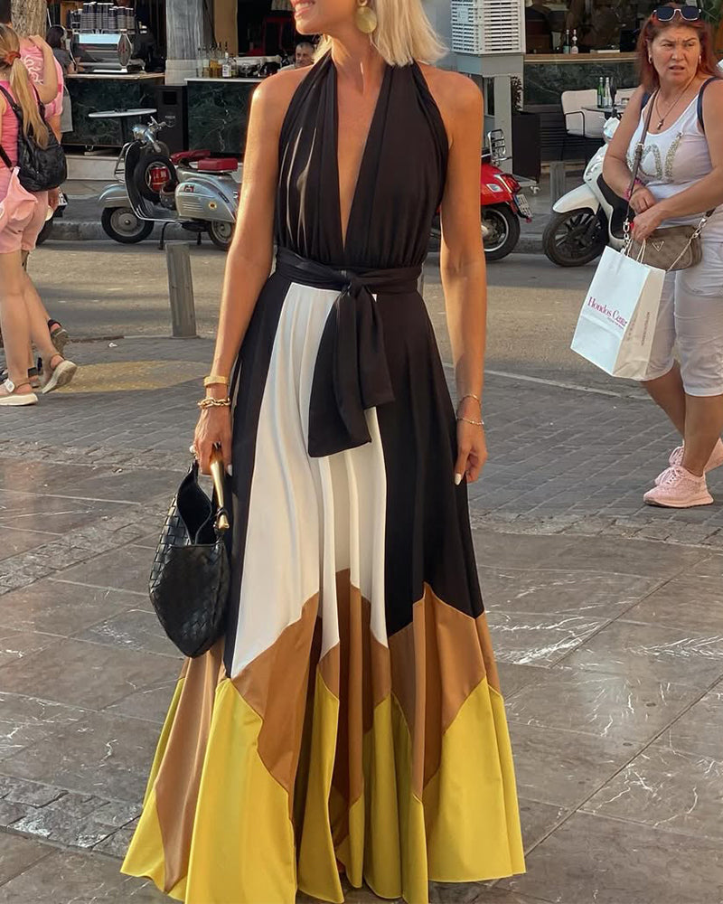 Sexy Deep V Halter Neck Contrast Print Long Dress