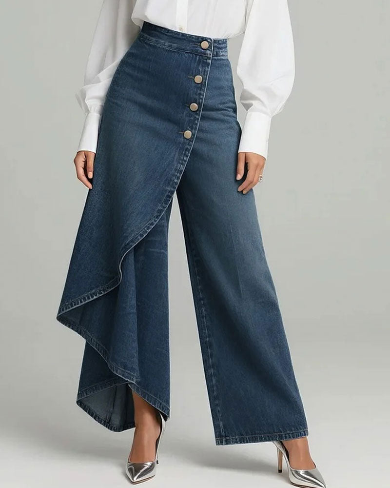 Asymmetrical Wrap Denim Wide-Leg Pants