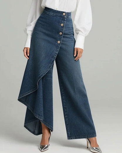 Asymmetrical Wrap Denim Wide-Leg Pants