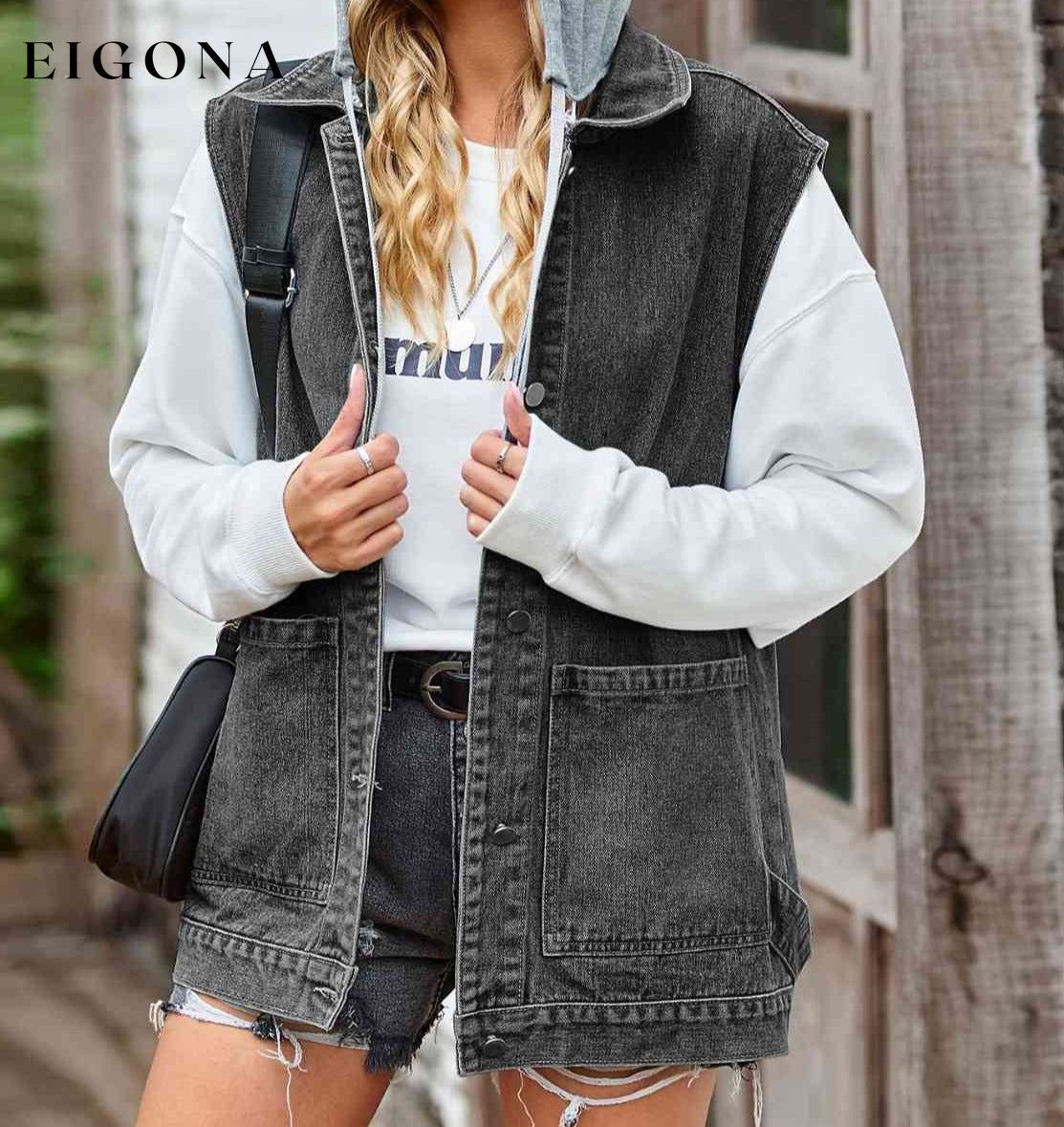 Button Up Sleeveless Denim Jacket with Pockets Black clothes Manny Ship From Overseas