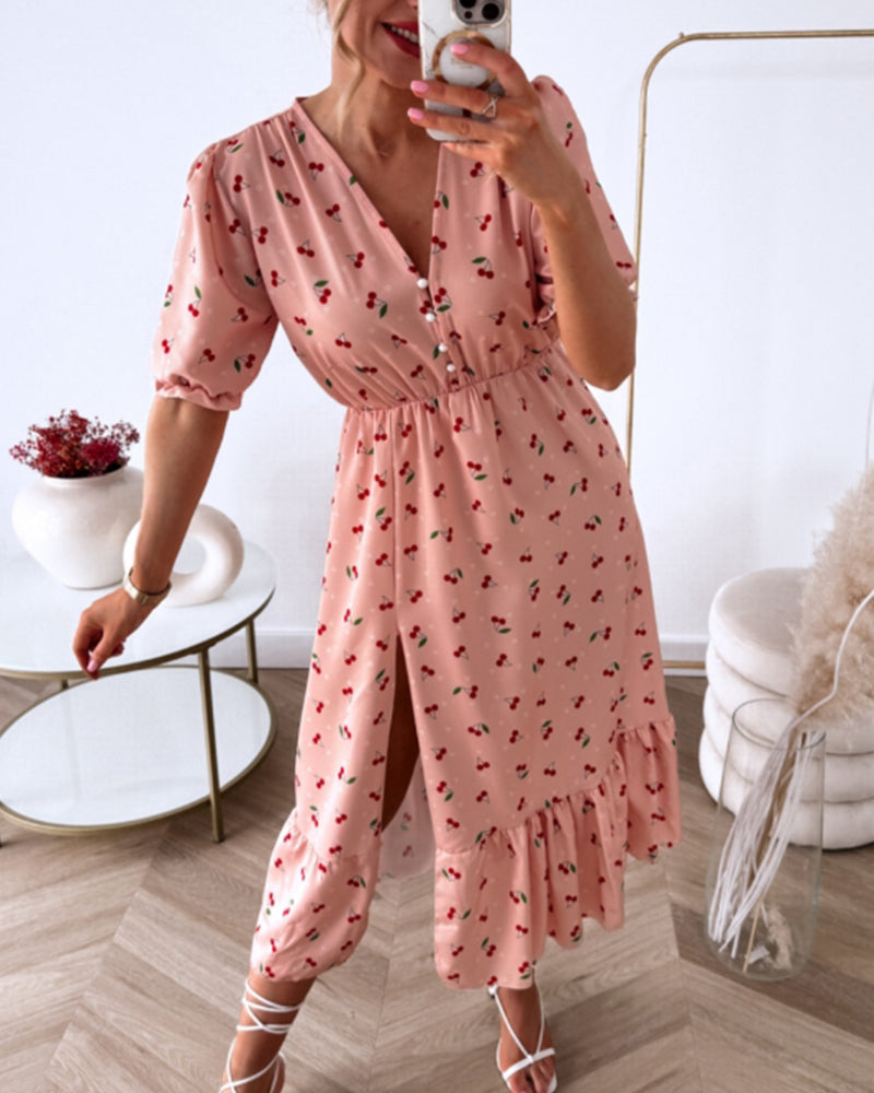 Slit cherry print dress casual dresses summer