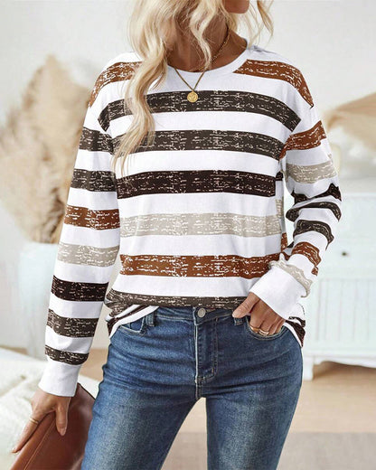 Crew Neck Long Sleeve Striped Casual Top