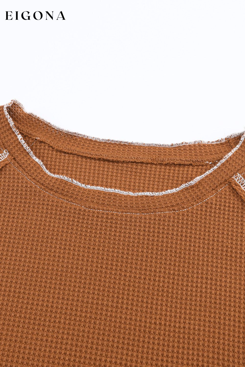 Brown Textured Round Neck Long Sleeve Top clothes DL Chic DL Exclusive Early Fall Collection Fabric Waffle Knit long sleeve long sleeve shirts long sleeve top Occasion Daily Print Solid Color Season Winter Style Casual tops