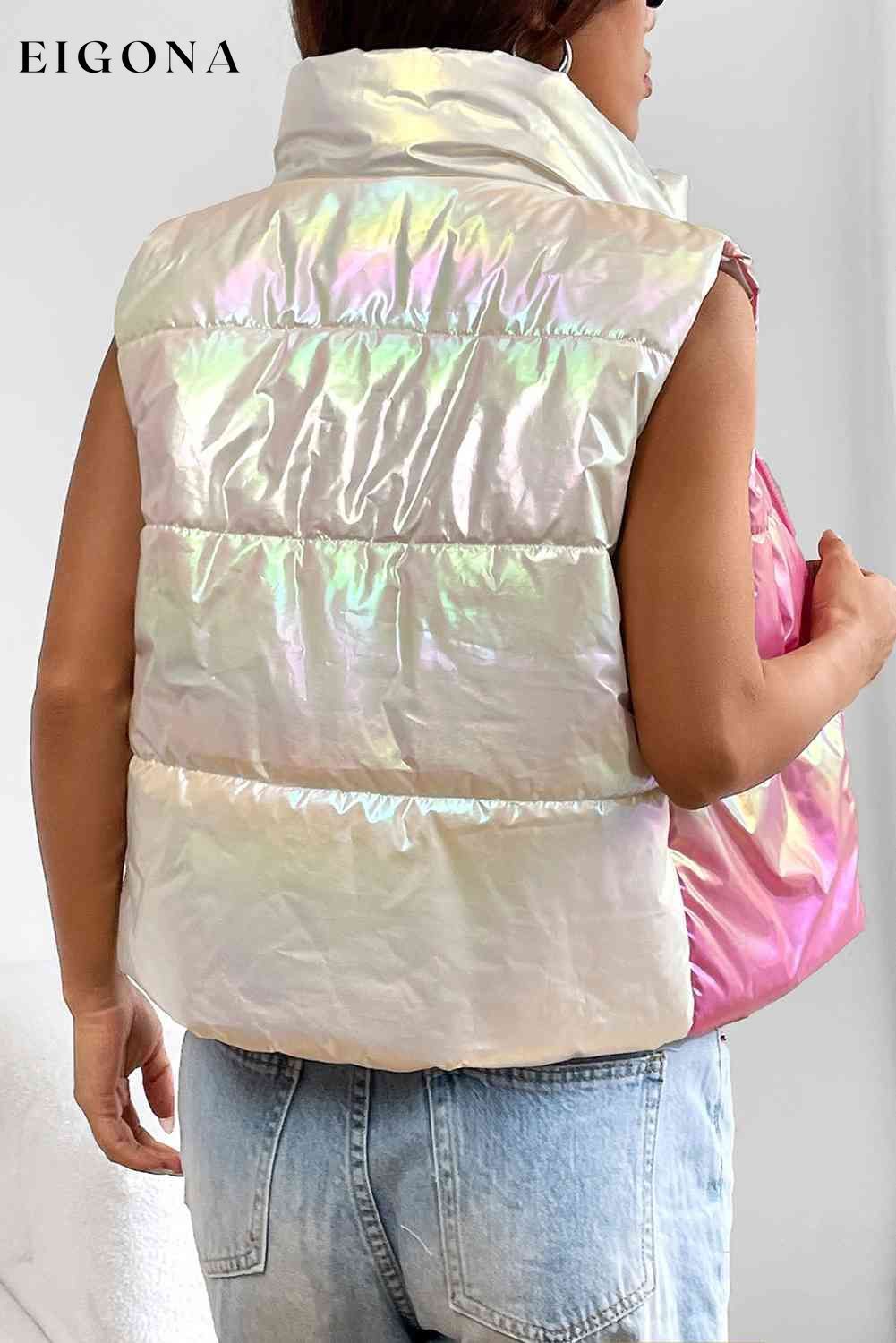 Turtleneck Color Block Pink Chrome Sleeveless Vest clothes Jacket Coat Jackets & Coats M@Y Ship From Overseas vest vests