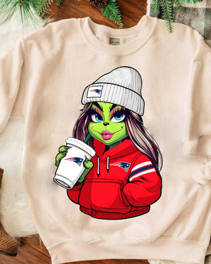 The Ginch Girl New England Patriots Drink Coffee Sweatshirt NFL 2024 f/w grinch nfl sweatshirts