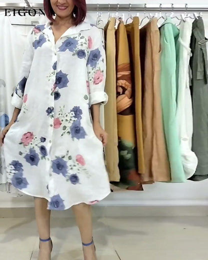 Floral print lapel long sleeve dress casual dresses spring summer