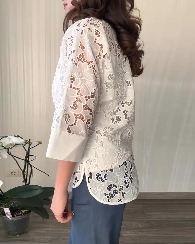 Solid color round neck lace hollow blouse blouses & shirts spring summer