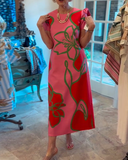 Color-Blocked Floral Print Straight Dress