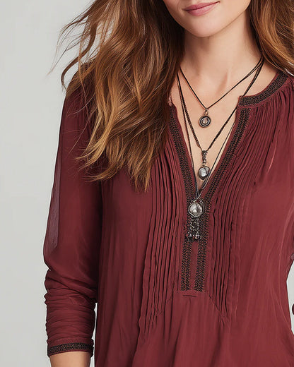 V-Neck Contrasting Long-Sleeved Blouse
