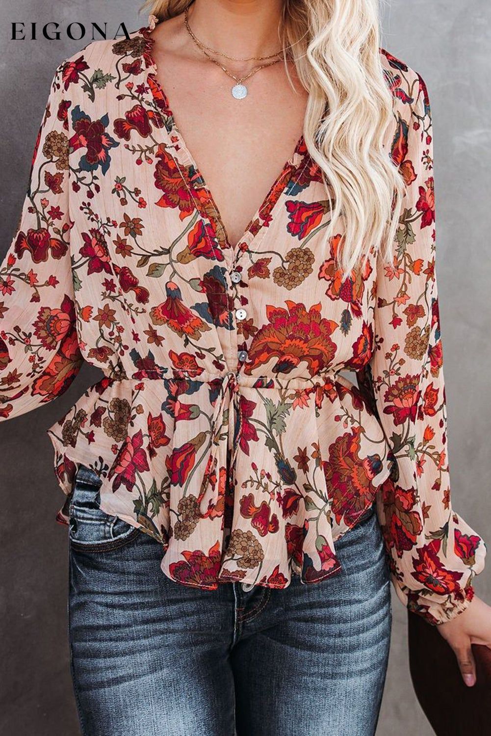 Multicolour Floral Frilled V Neck Drawstring Peplum Blouse clothes long sleeve shirt long sleeve shirts long sleeve top long sleeve tops shirt shirts top tops