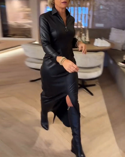 Lapel Zipper Pu Fashion Dress