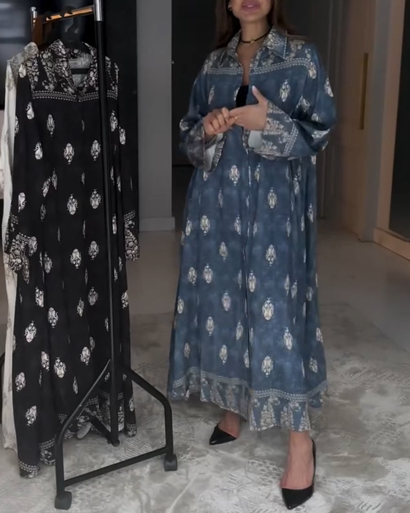 Retro Lapel Print Loose Dress