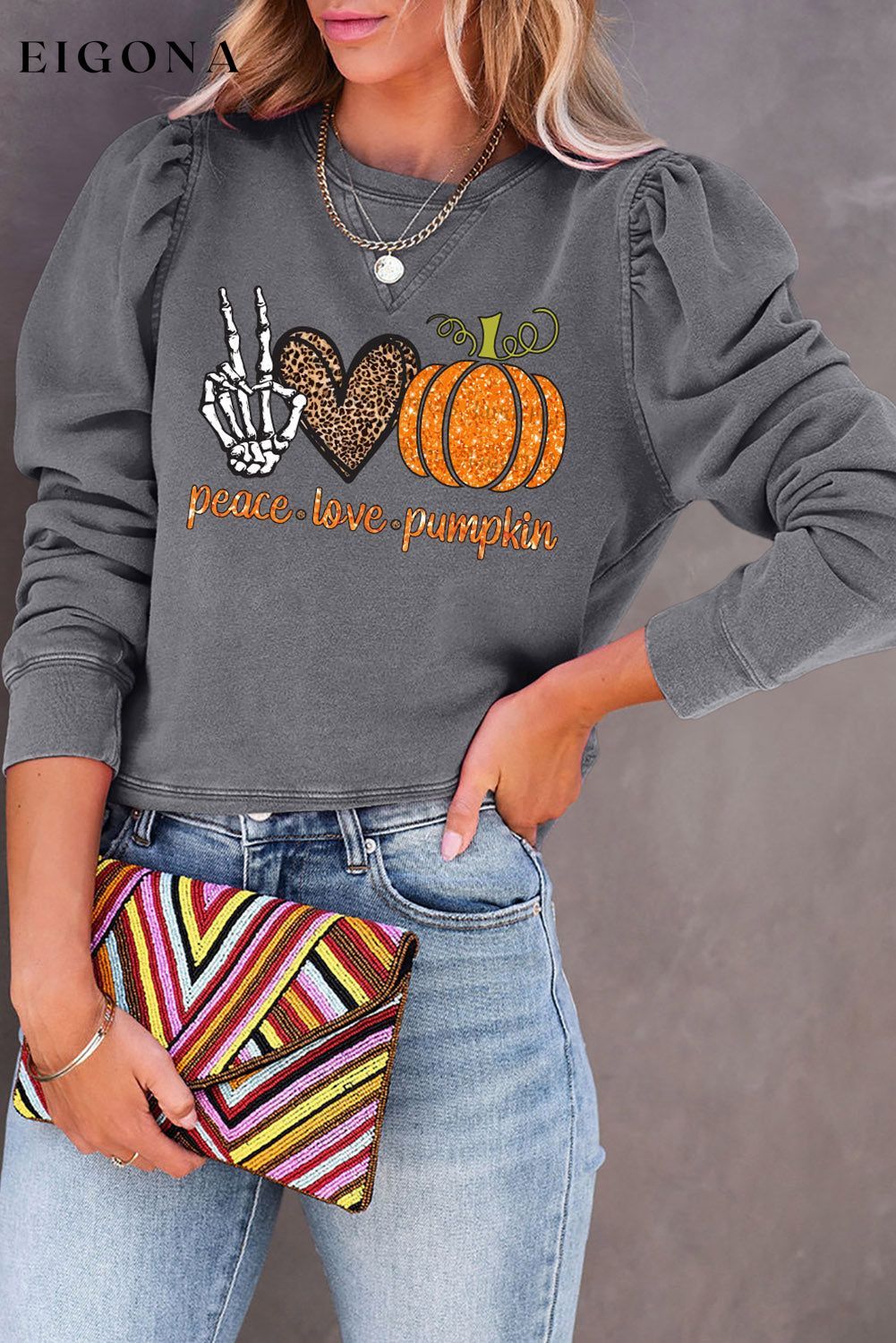 PEACE LOVE PUMPKIN Graphic Puff Sleeve Sweatshirt clothes Ship From Overseas SYNZ trend