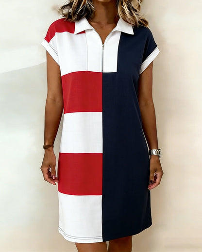 Short-Sleeved Striped Color-Blocked Dress