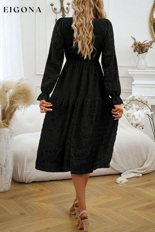 Round Neck Velvet Smocked Flounce Sleeve Dress casual dress casual dresses clothes dress dresses DY long sleeve dress long sleeve dresses midi dress midi dresses Ship From Overseas short dresses