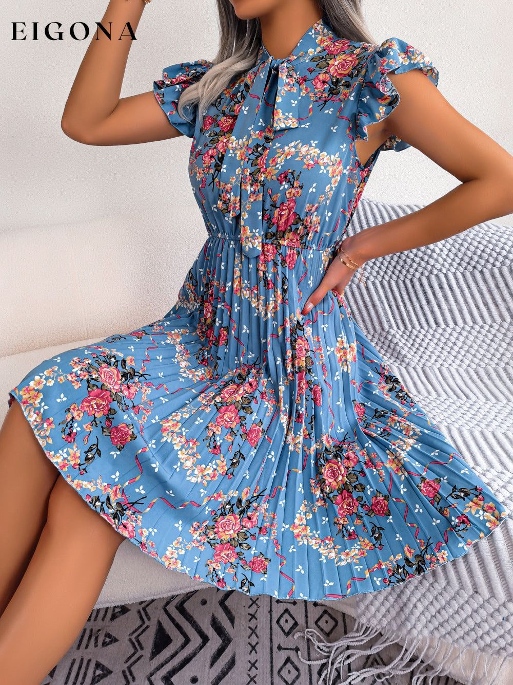 Pleated Floral Printed Tie Neck Knee Length Short Sleeve Dress B.J.S casual dress casual dresses clothes dress dresses Ship From Overseas short dress short dresses short sleeve dress short sleeve dresses