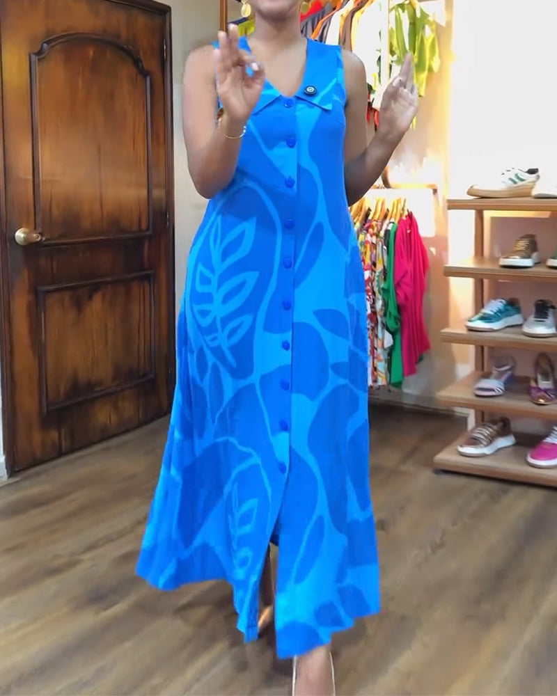 Sleeveless Lapel Printed Buttoned Dress