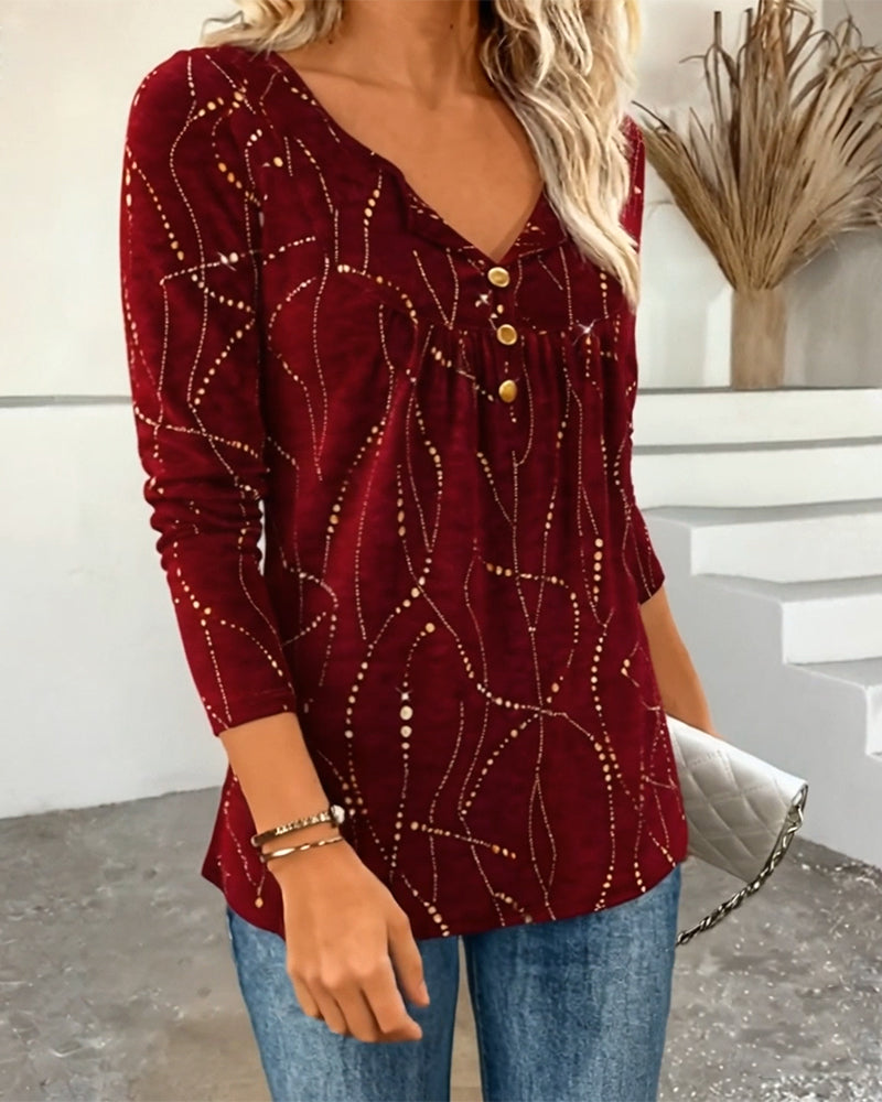 Printed Button-Down V-Neck Top