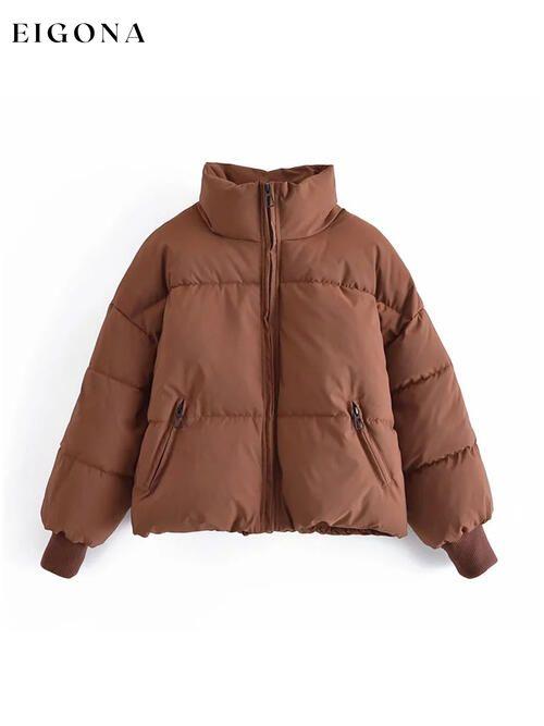 Zip Up Drawstring Winter Coat with Pockets Chestnut clothes K&BZ Ship From Overseas