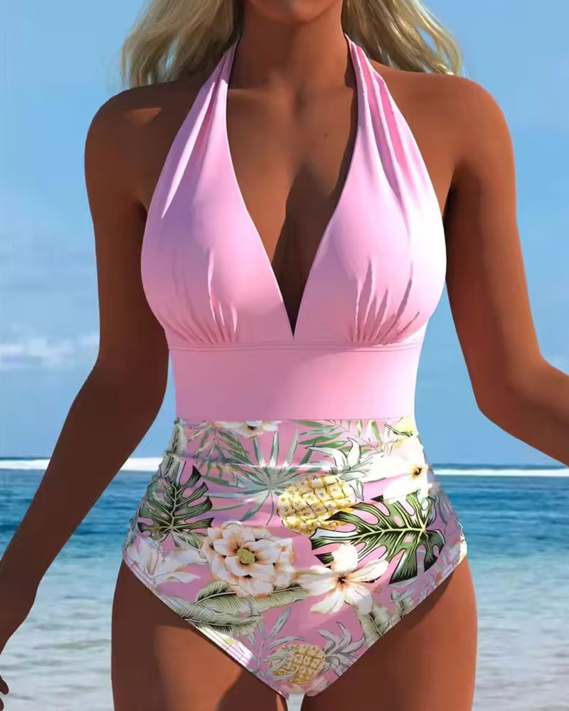 Tropical Floral Halter One Piece